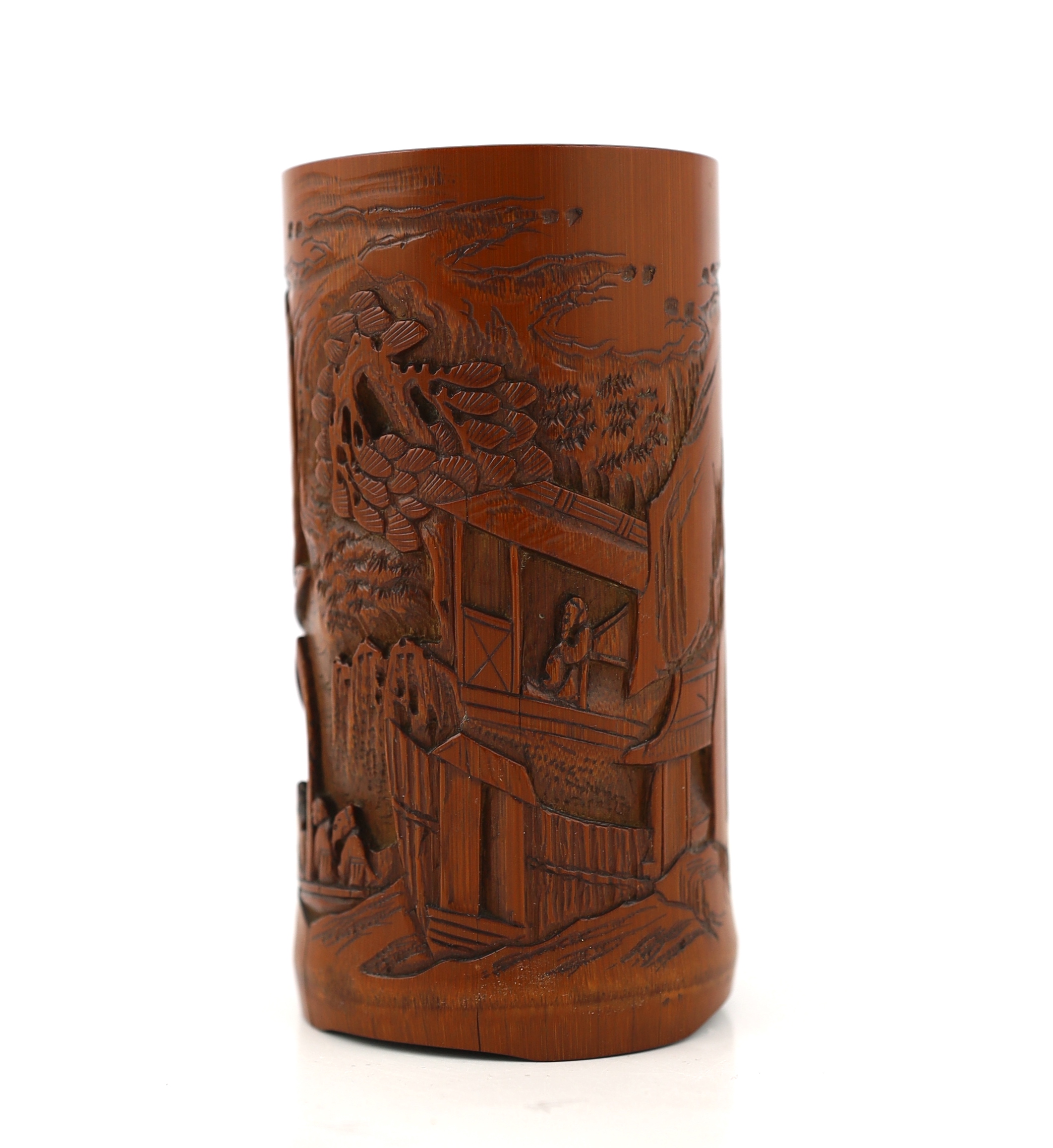 A Chinese bamboo 'river landscape' inscribed brushpot, bitong, 19th century